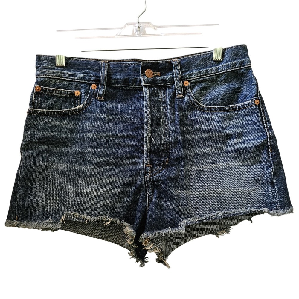 Madewell The Dad Jeans Shorts 30‎ Blue Denim High Rise Raw Hem Button Fly Hippie